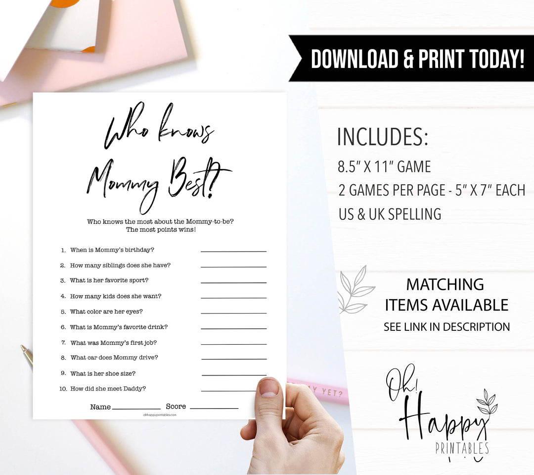 White Gender Neutral Who Knows Mommy Best Quiz, Baby Shower Games, Knows Mummy Games, Neutral Baby Shower Games, Fun Baby Shower Games, popular baby games