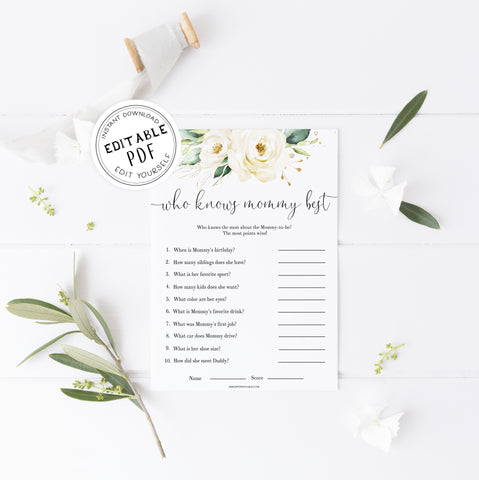 editable who knows mommy best game, Printable baby shower games, shite floral baby games, baby shower games, fun baby shower ideas, top baby shower ideas, floral baby shower, baby shower games, fun floral baby shower ideas