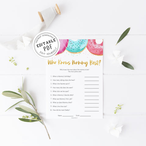 editable baby games, who knows mommy best game, Printable baby shower games, donut baby games, baby shower games, fun baby shower ideas, top baby shower ideas, donut sprinkles baby shower, baby shower games, fun donut baby shower ideas