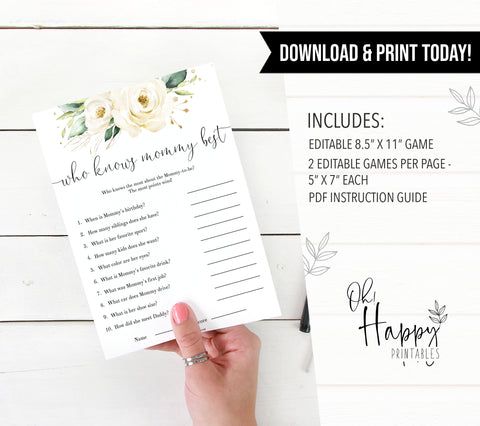 editable who knows mommy best game, Printable baby shower games, shite floral baby games, baby shower games, fun baby shower ideas, top baby shower ideas, floral baby shower, baby shower games, fun floral baby shower ideas