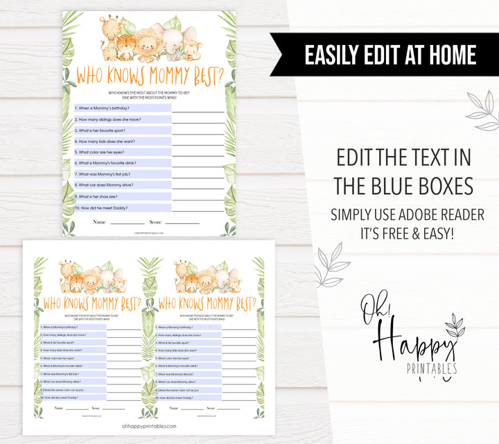 editable who knows mommy best game, Printable baby shower games, safari animals baby games, baby shower games, fun baby shower ideas, top baby shower ideas, safari animals baby shower, baby shower games, fun baby shower ideas