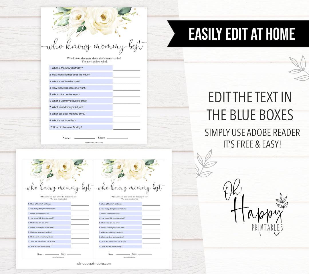 editable who knows mommy best game, Printable baby shower games, shite floral baby games, baby shower games, fun baby shower ideas, top baby shower ideas, floral baby shower, baby shower games, fun floral baby shower ideas