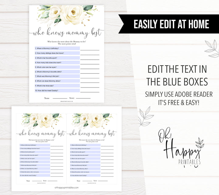 editable who knows mommy best game, Printable baby shower games, shite floral baby games, baby shower games, fun baby shower ideas, top baby shower ideas, floral baby shower, baby shower games, fun floral baby shower ideas