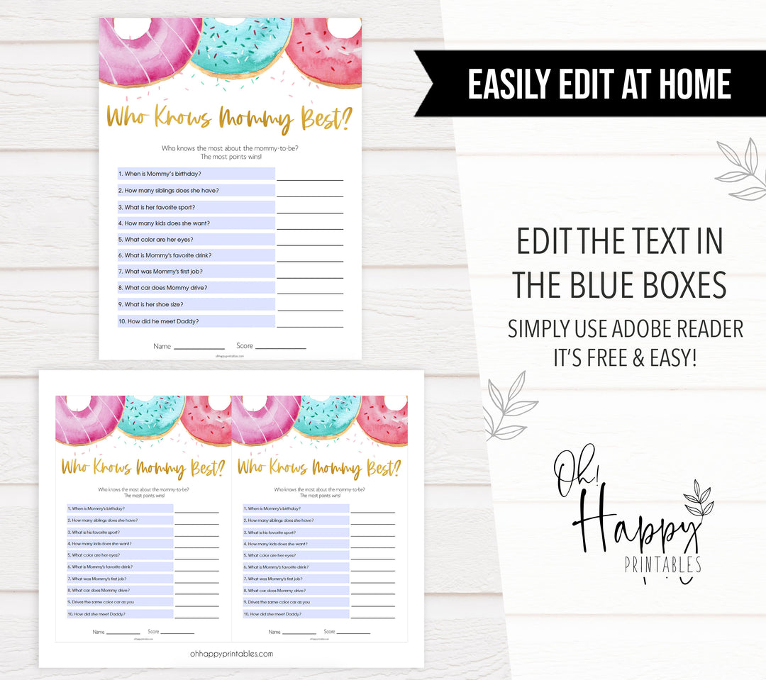 editable baby games, who knows mommy best game, Printable baby shower games, donut baby games, baby shower games, fun baby shower ideas, top baby shower ideas, donut sprinkles baby shower, baby shower games, fun donut baby shower ideas