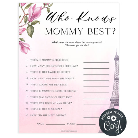 editable who knows mommy best baby game,  Paris baby shower games, printable baby shower games, Parisian baby shower games, fun baby shower games