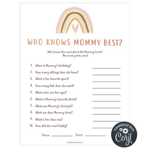 who knows mommy best game, Printable baby shower games, boho rainbow baby games, baby shower games, fun baby shower ideas, top baby shower ideas, boho rainbow baby shower, baby shower games, fun boho rainbow baby shower ideas