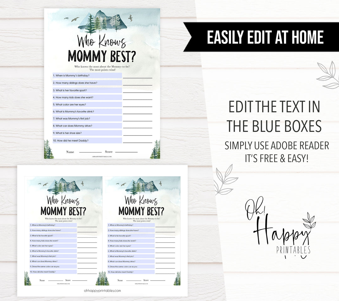 editable who knows mommy best game, Printable baby shower games, adventure awaits baby games, baby shower games, fun baby shower ideas, top baby shower ideas, adventure awaits baby shower, baby shower games, fun adventure baby shower ideas