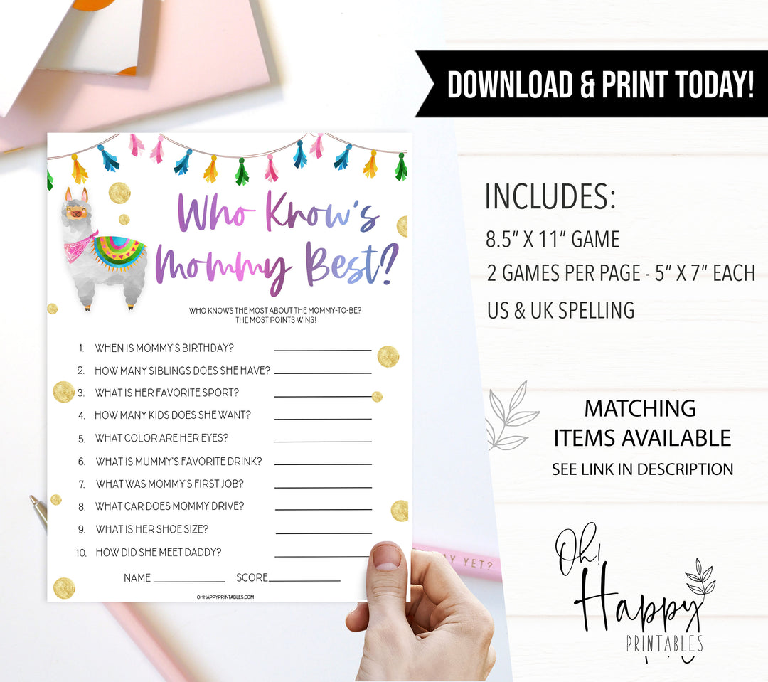 who knows mommy best game, Printable baby shower games, llama fiesta fun baby games, baby shower games, fun baby shower ideas, top baby shower ideas, Llama fiesta shower baby shower, fiesta baby shower ideas