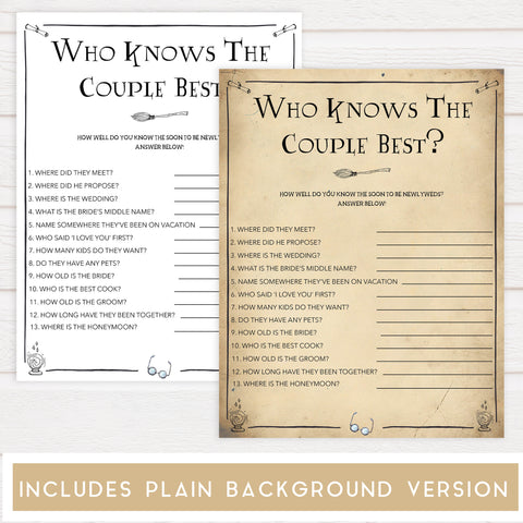 who knows the couple best game, bridal who knows the couple best,  Printable bridal shower games, Harry potter bridal shower, Harry Potter bridal shower games, fun bridal shower games, bridal shower game ideas, Harry Potter bridal shower