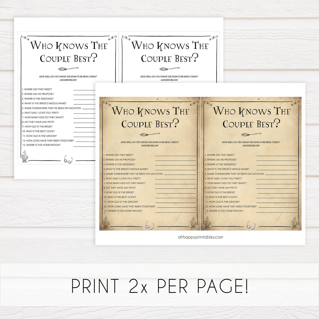 who knows the couple best game, bridal who knows the couple best,  Printable bridal shower games, Harry potter bridal shower, Harry Potter bridal shower games, fun bridal shower games, bridal shower game ideas, Harry Potter bridal shower