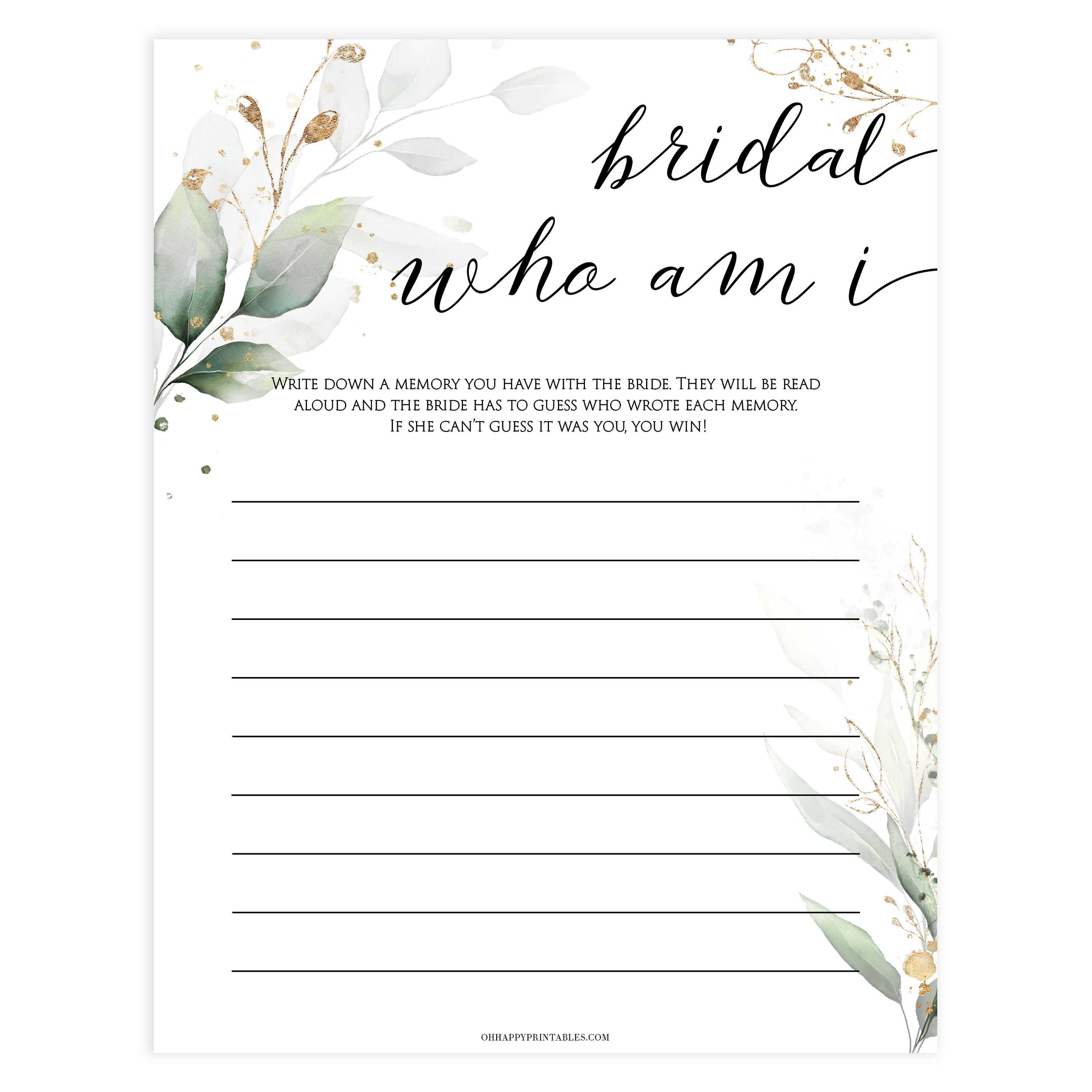 bridal who am I game, Printable bridal shower games, greenery bridal shower, gold leaf bridal shower games, fun bridal shower games, bridal shower game ideas, greenery bridal shower