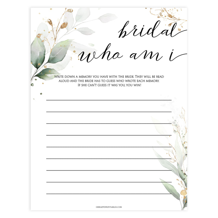 bridal who am I game, Printable bridal shower games, greenery bridal shower, gold leaf bridal shower games, fun bridal shower games, bridal shower game ideas, greenery bridal shower