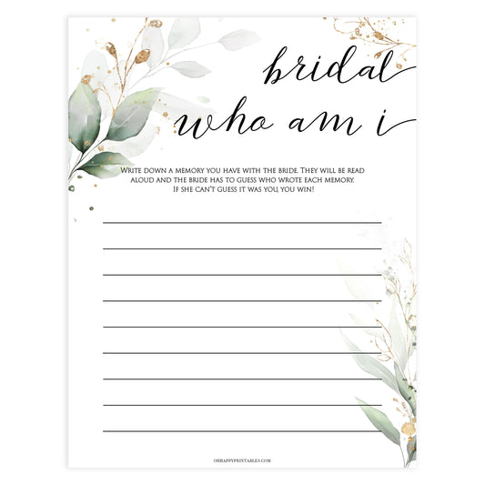 bridal who am I game, Printable bridal shower games, greenery bridal shower, gold leaf bridal shower games, fun bridal shower games, bridal shower game ideas, greenery bridal shower