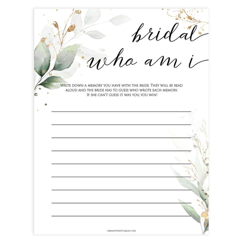 bridal who am I game, Printable bridal shower games, greenery bridal shower, gold leaf bridal shower games, fun bridal shower games, bridal shower game ideas, greenery bridal shower