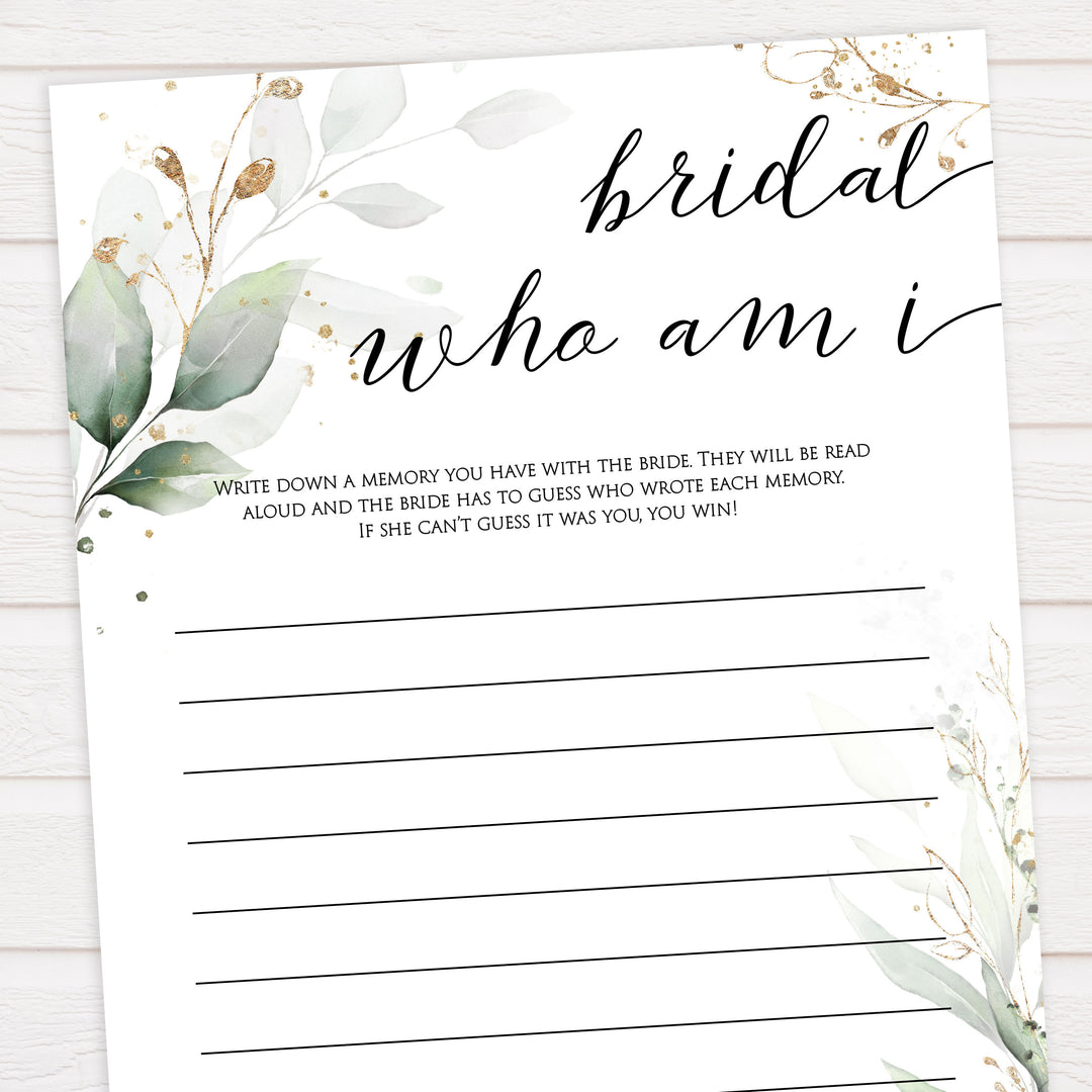 bridal who am I game, Printable bridal shower games, greenery bridal shower, gold leaf bridal shower games, fun bridal shower games, bridal shower game ideas, greenery bridal shower