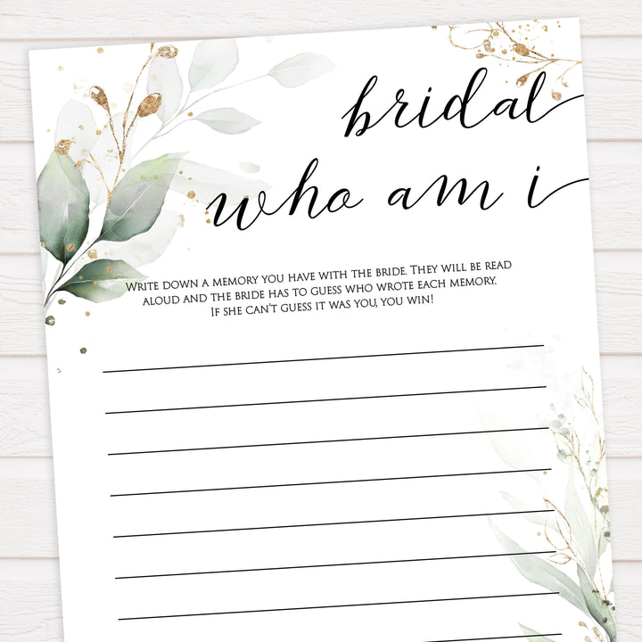 bridal who am I game, Printable bridal shower games, greenery bridal shower, gold leaf bridal shower games, fun bridal shower games, bridal shower game ideas, greenery bridal shower