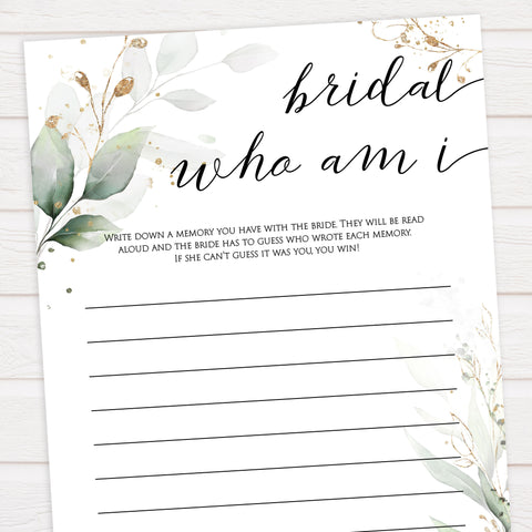 bridal who am I game, Printable bridal shower games, greenery bridal shower, gold leaf bridal shower games, fun bridal shower games, bridal shower game ideas, greenery bridal shower