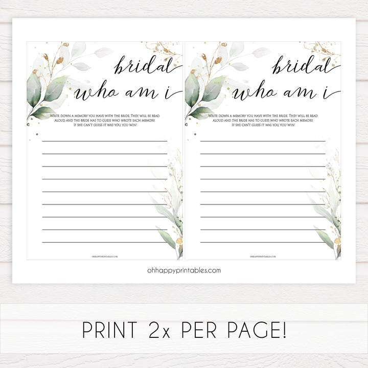 bridal who am I game, Printable bridal shower games, greenery bridal shower, gold leaf bridal shower games, fun bridal shower games, bridal shower game ideas, greenery bridal shower