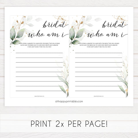 bridal who am I game, Printable bridal shower games, greenery bridal shower, gold leaf bridal shower games, fun bridal shower games, bridal shower game ideas, greenery bridal shower