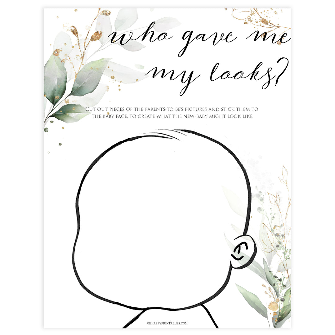 Gold green leaf baby games, who gave the baby their looks, printable baby games, fun baby games, top baby games to play, gold leaf baby shower, greenery baby shower ideas