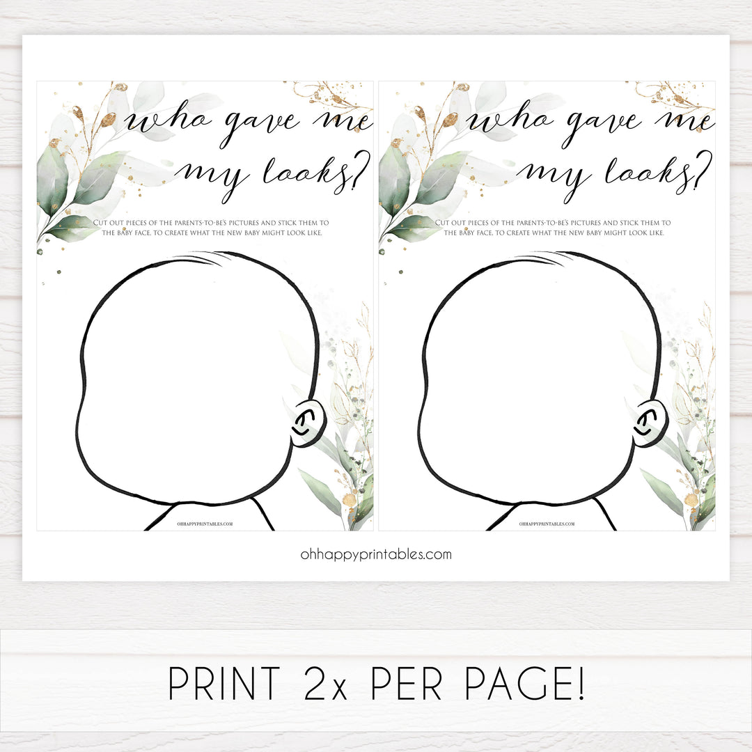 Gold green leaf baby games, who gave the baby their looks, printable baby games, fun baby games, top baby games to play, gold leaf baby shower, greenery baby shower ideas