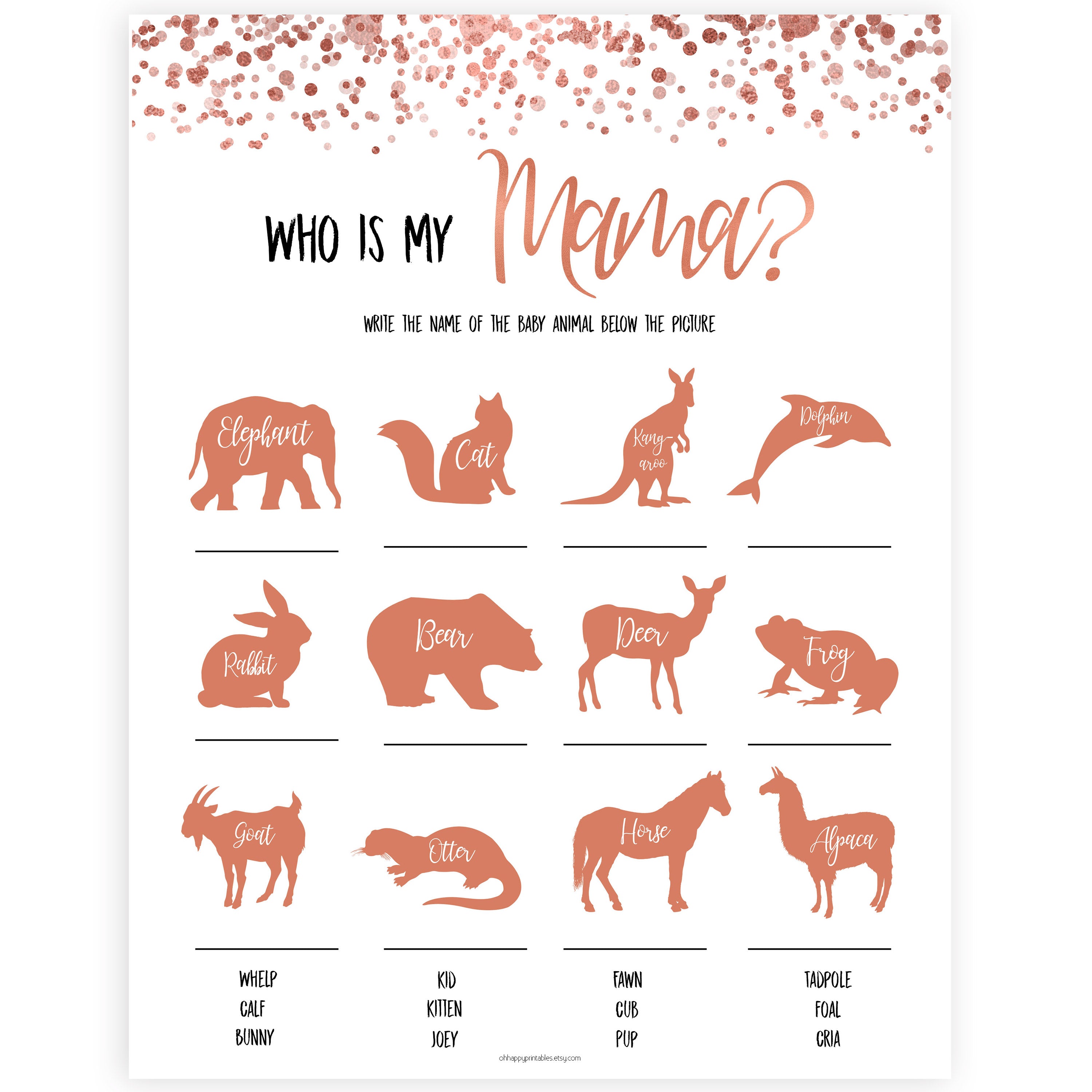 Rose Gold Who is My Mommy Animal Game, Who is my Mama Game, Baby Animal Game, Guess my Mama Game, Rose Gold Baby Shower Games, Mommy Game, printable baby shower games, fun baby shower games, popular baby shower games