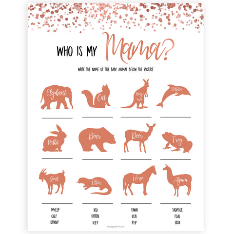 Rose Gold Who is My Mommy Animal Game, Who is my Mama Game, Baby Animal Game, Guess my Mama Game, Rose Gold Baby Shower Games, Mommy Game, printable baby shower games, fun baby shower games, popular baby shower games