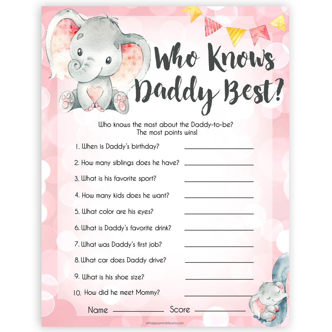 pink elephant baby games, who knows daddy best baby shower games, printable baby shower games, baby shower games, fun baby games, popular baby games, pink baby games