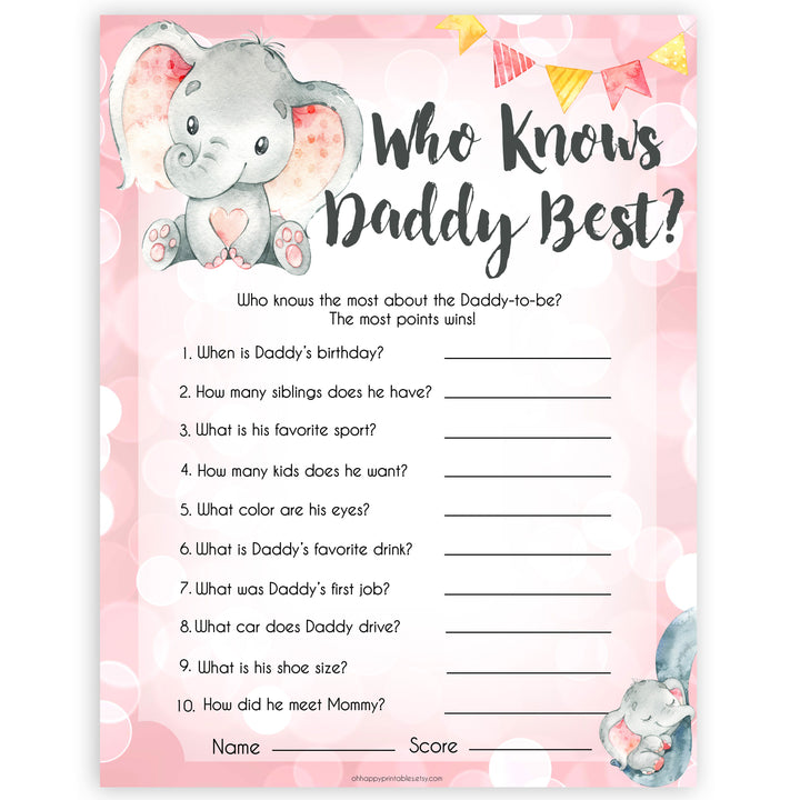 pink elephant baby games, who knows daddy best baby shower games, printable baby shower games, baby shower games, fun baby games, popular baby games, pink baby games