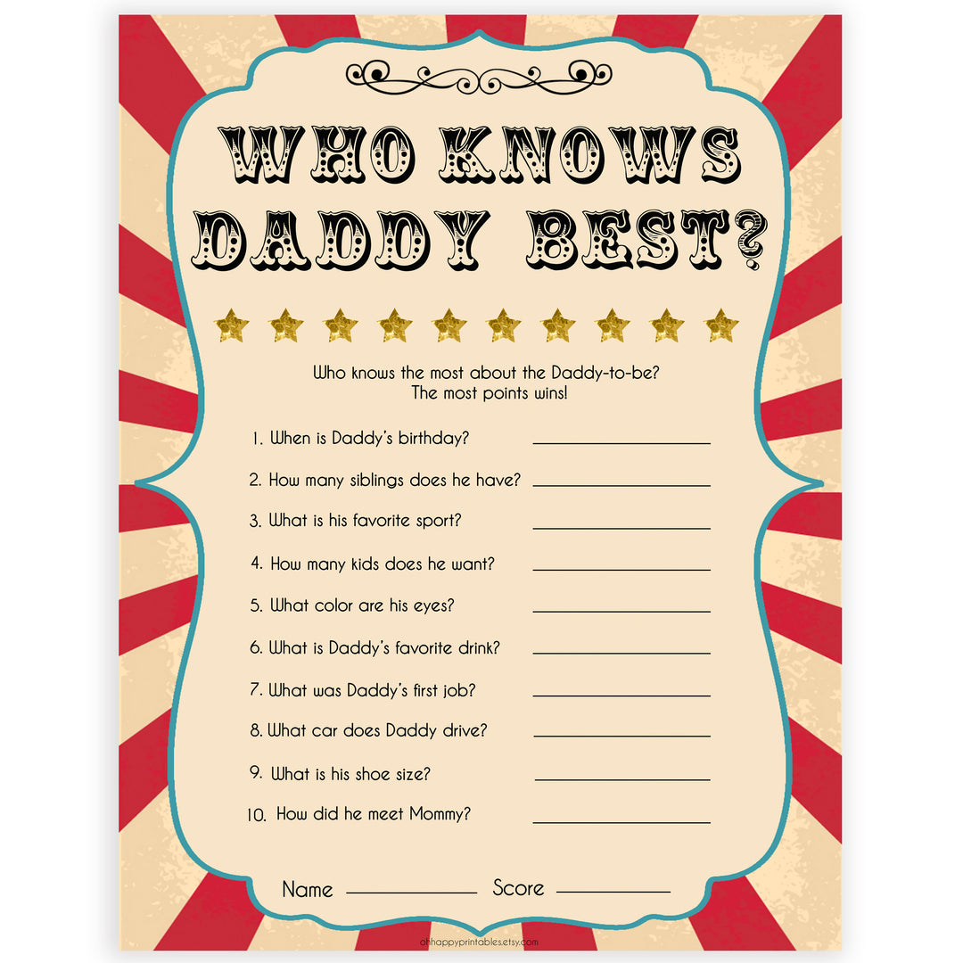 Circus who knows daddy best baby shower games, circus baby games, carnival baby games, printable baby games, fun baby games, popular baby games, carnival baby shower, carnival theme