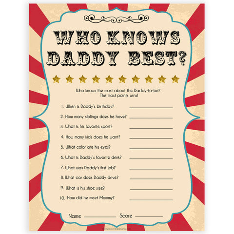 Circus who knows daddy best baby shower games, circus baby games, carnival baby games, printable baby games, fun baby games, popular baby games, carnival baby shower, carnival theme