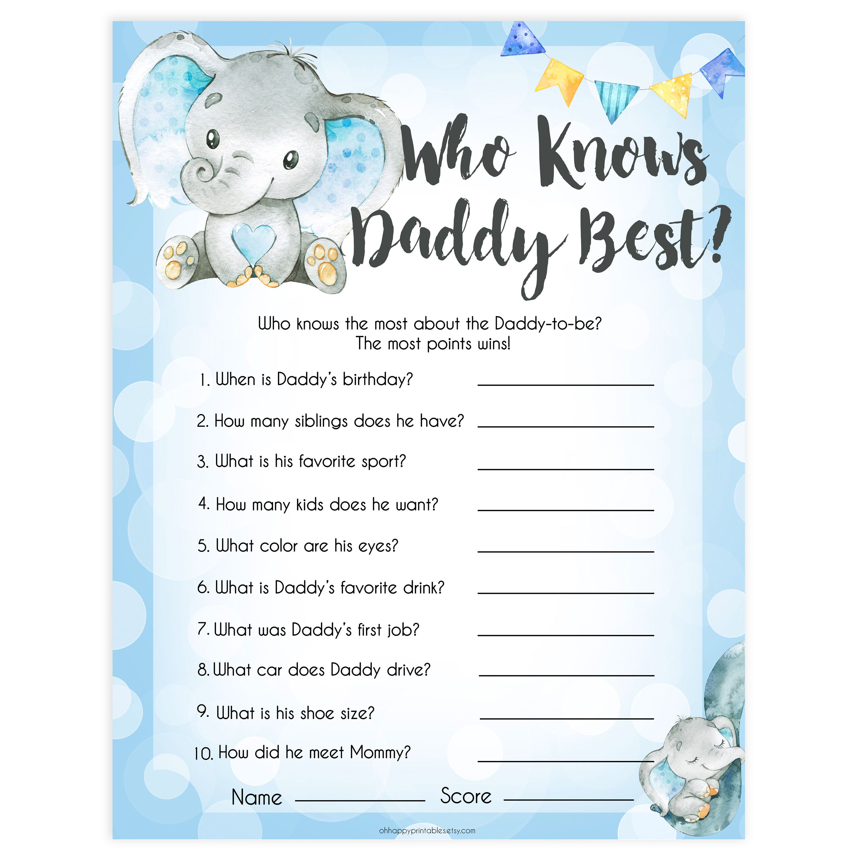 Blue elephant baby games, who knows daddy best, elephant baby games, printable baby games, top baby games, best baby shower games, baby shower ideas, fun baby games, elephant baby shower