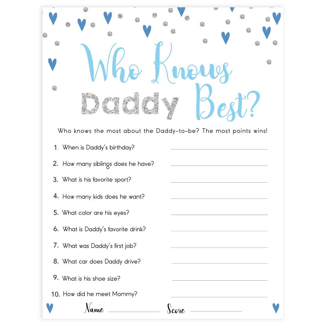 who knows daddy best, Printable baby shower games, small blue hearts fun baby games, baby shower games, fun baby shower ideas, top baby shower ideas, silver baby shower, blue hearts baby shower ideas