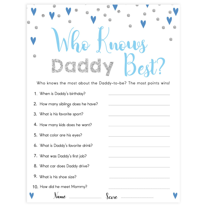 who knows daddy best, Printable baby shower games, small blue hearts fun baby games, baby shower games, fun baby shower ideas, top baby shower ideas, silver baby shower, blue hearts baby shower ideas