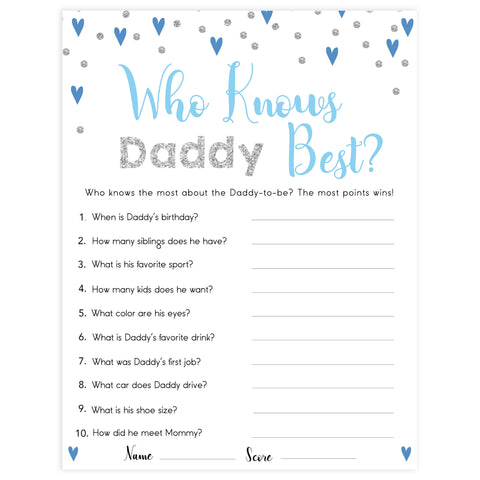 who knows daddy best, Printable baby shower games, small blue hearts fun baby games, baby shower games, fun baby shower ideas, top baby shower ideas, silver baby shower, blue hearts baby shower ideas