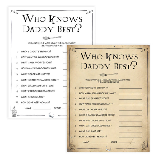 Who Knows Daddy Best Game, Wizard baby shower games, printable baby shower games, Harry Potter baby games, Harry Potter baby shower, fun baby shower games,  fun baby ideas