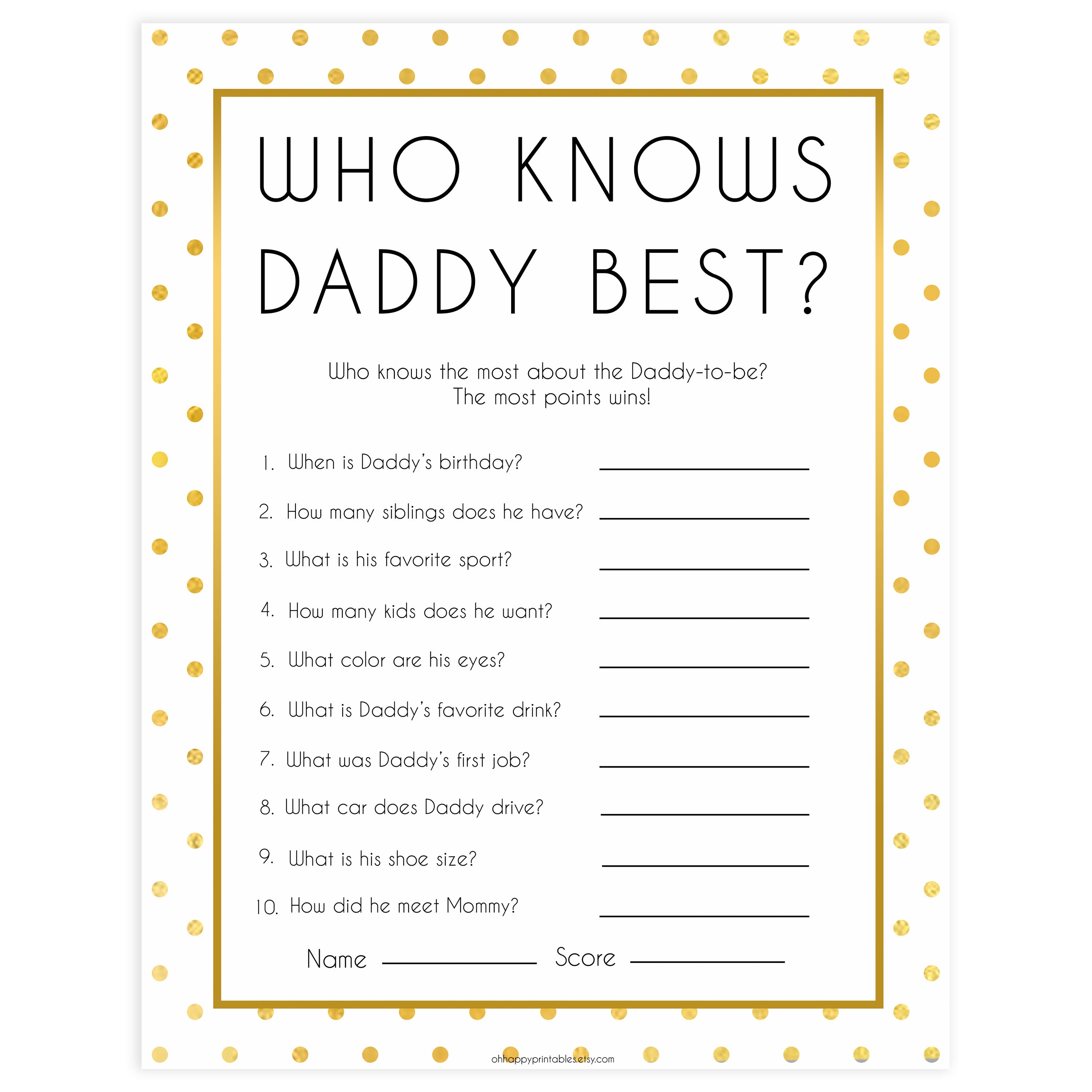 who knows daddy best baby game, Printable baby shower games, baby gold dots fun baby games, baby shower games, fun baby shower ideas, top baby shower ideas, gold glitter shower baby shower, friends baby shower ideas