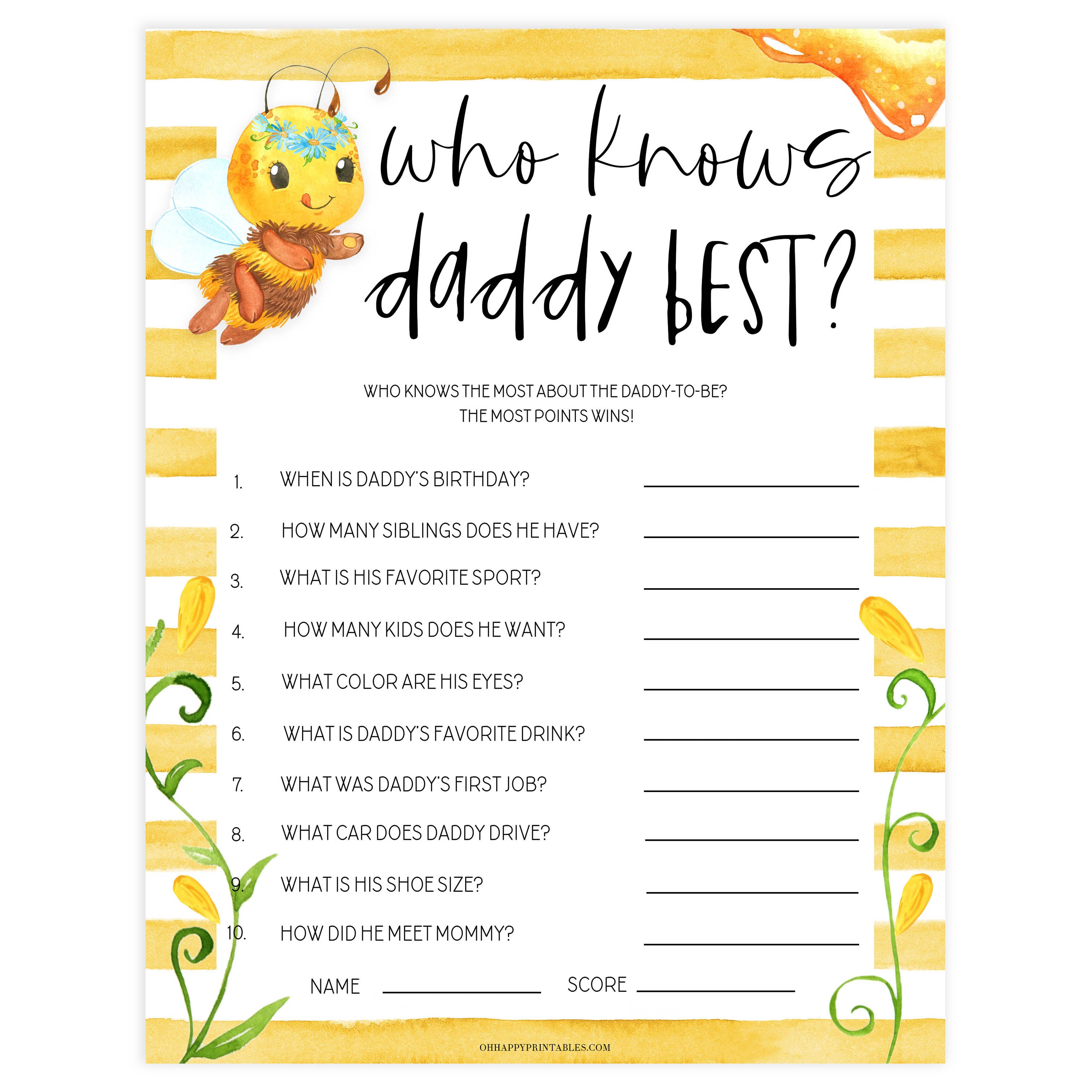 who knows daddy best game, Printable baby shower games, mommy bee fun baby games, baby shower games, fun baby shower ideas, top baby shower ideas, mommy to bee baby shower, friends baby shower ideas