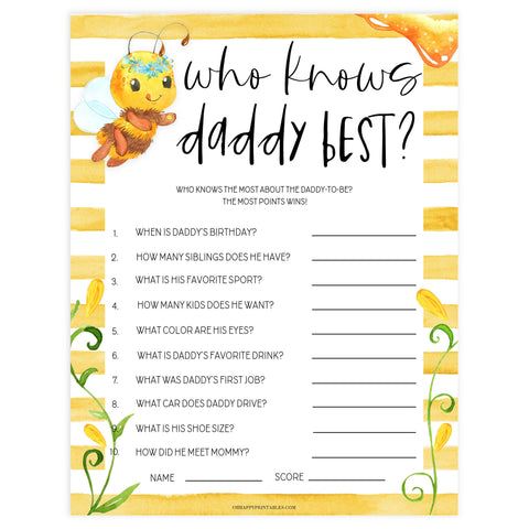 who knows daddy best game, Printable baby shower games, mommy bee fun baby games, baby shower games, fun baby shower ideas, top baby shower ideas, mommy to bee baby shower, friends baby shower ideas