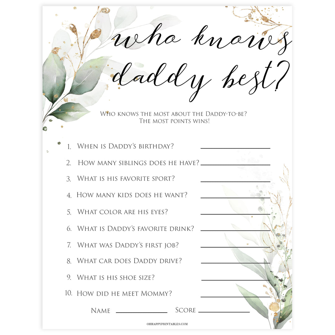 Gold green leaf baby games, who knows daddy best, printable baby games, fun baby games, top baby games to play, gold leaf baby shower, greenery baby shower ideas