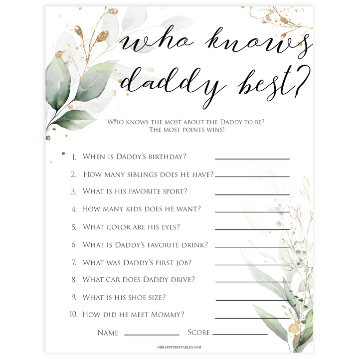 Gold green leaf baby games, who knows daddy best, printable baby games, fun baby games, top baby games to play, gold leaf baby shower, greenery baby shower ideas