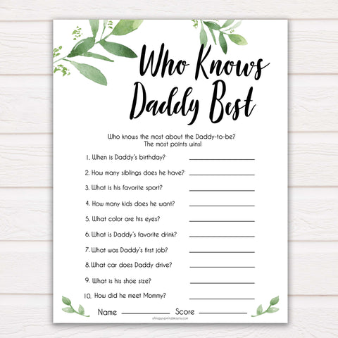 Botanical Who Knows Daddy Best, How Well Do you Know Daddy Games, Greenery Who Knows Daddy Game, Baby Shower Games, Leaf Baby Shower 
