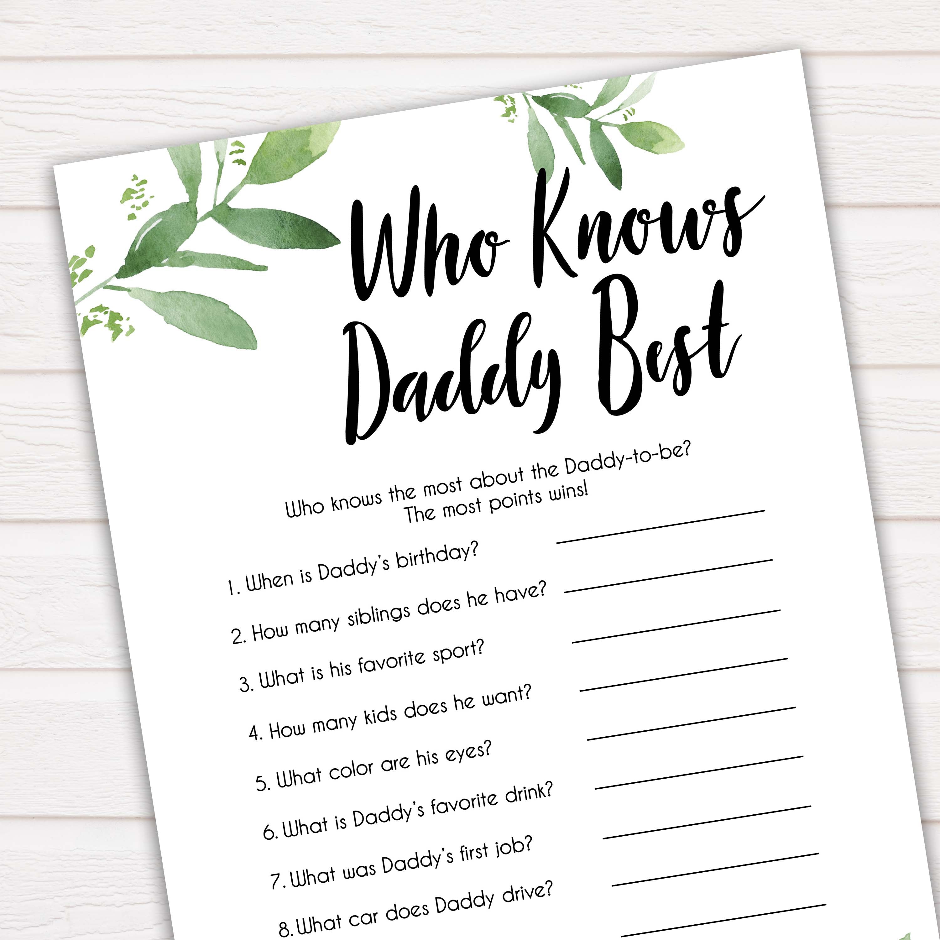 Botanical Who Knows Daddy Best, How Well Do you Know Daddy Games, Greenery Who Knows Daddy Game, Baby Shower Games, Leaf Baby Shower 