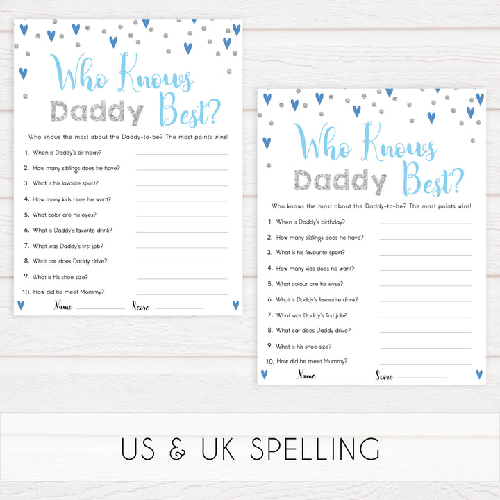 who knows daddy best, Printable baby shower games, small blue hearts fun baby games, baby shower games, fun baby shower ideas, top baby shower ideas, silver baby shower, blue hearts baby shower ideas