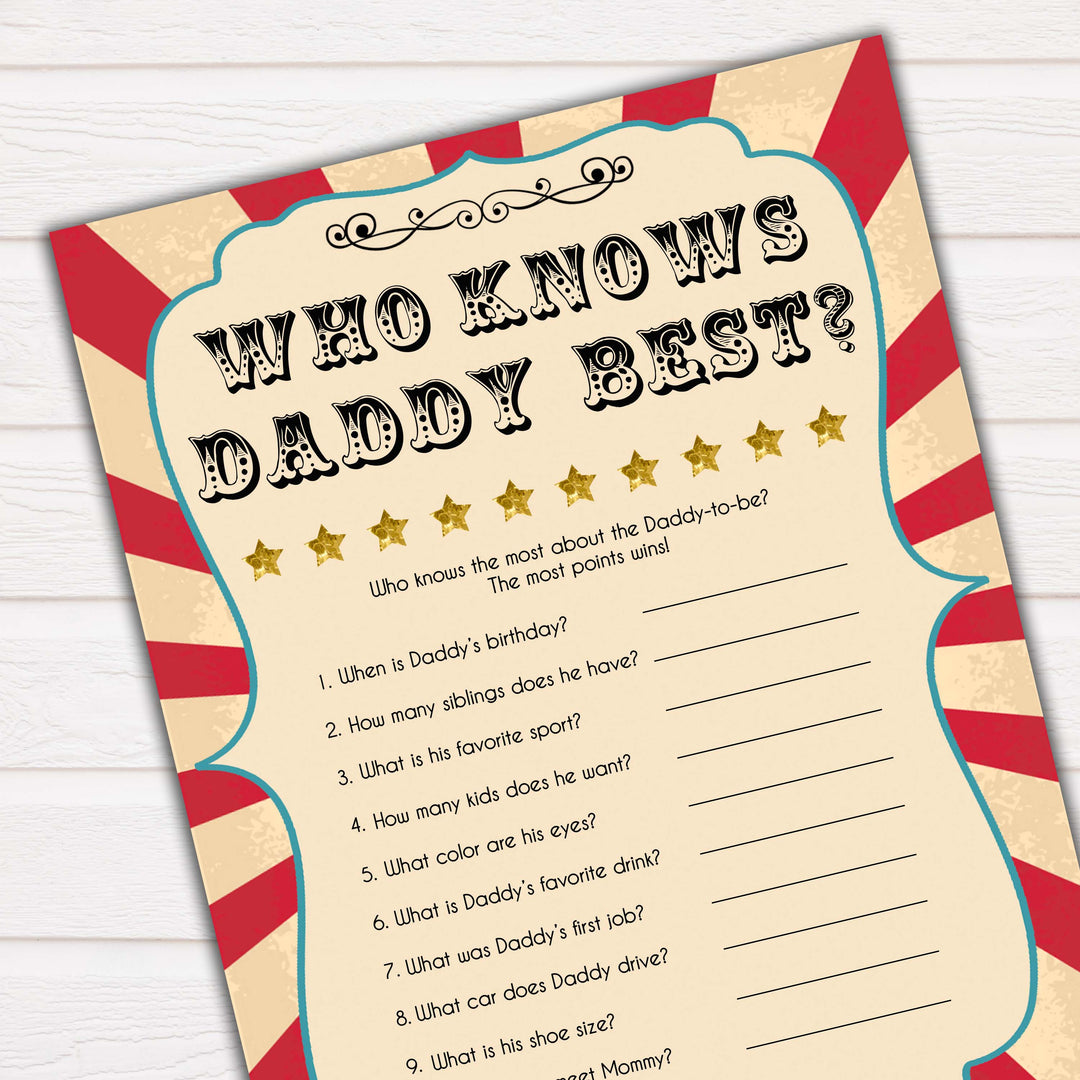 Circus who knows daddy best baby shower games, circus baby games, carnival baby games, printable baby games, fun baby games, popular baby games, carnival baby shower, carnival theme