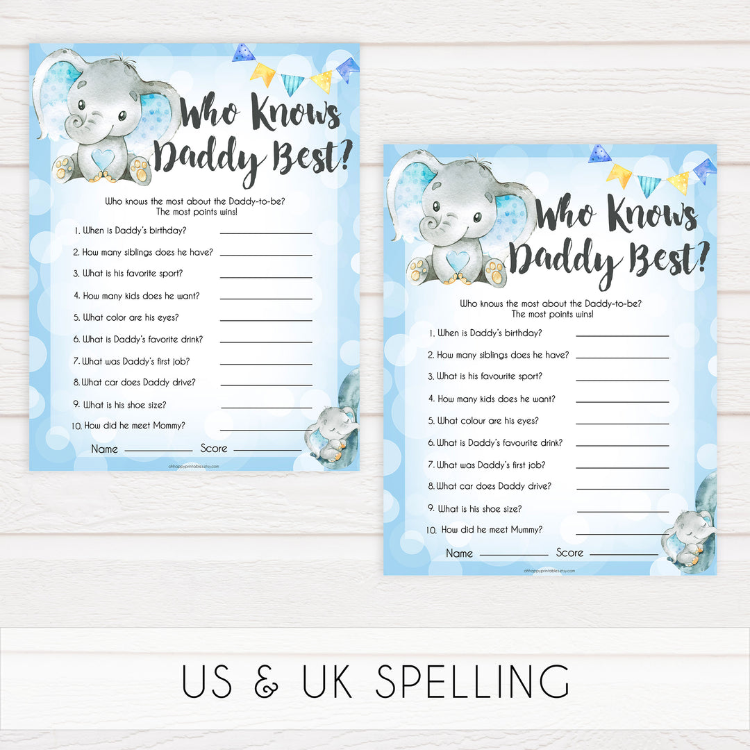 Blue elephant baby games, who knows daddy best, elephant baby games, printable baby games, top baby games, best baby shower games, baby shower ideas, fun baby games, elephant baby shower