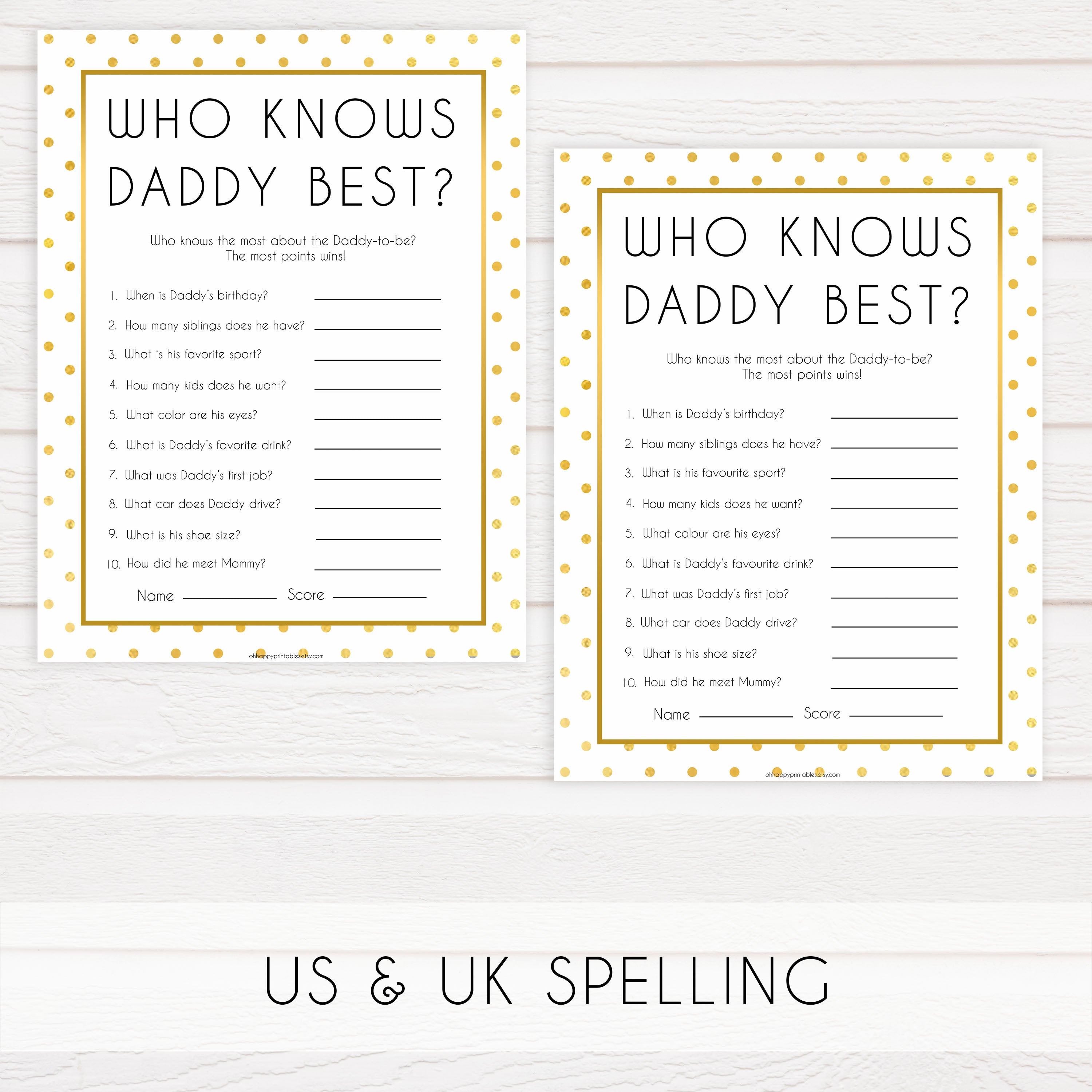 who knows daddy best baby game, Printable baby shower games, baby gold dots fun baby games, baby shower games, fun baby shower ideas, top baby shower ideas, gold glitter shower baby shower, friends baby shower ideas