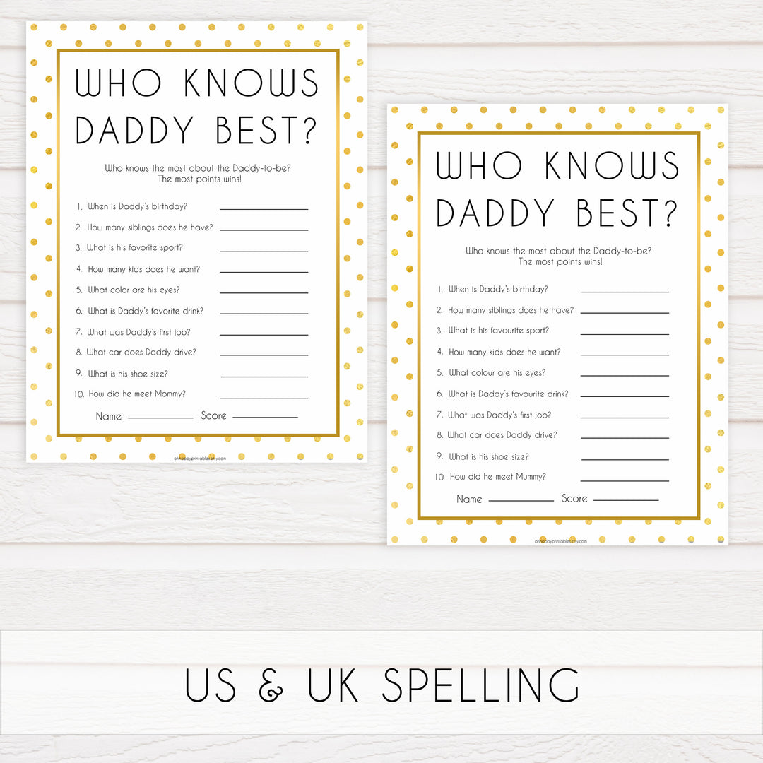 who knows daddy best baby game, Printable baby shower games, baby gold dots fun baby games, baby shower games, fun baby shower ideas, top baby shower ideas, gold glitter shower baby shower, friends baby shower ideas