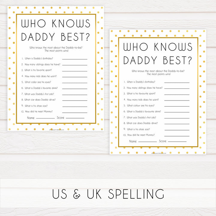 who knows daddy best baby game, Printable baby shower games, baby gold dots fun baby games, baby shower games, fun baby shower ideas, top baby shower ideas, gold glitter shower baby shower, friends baby shower ideas