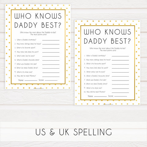 who knows daddy best baby game, Printable baby shower games, baby gold dots fun baby games, baby shower games, fun baby shower ideas, top baby shower ideas, gold glitter shower baby shower, friends baby shower ideas